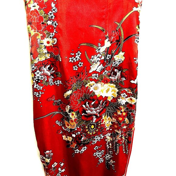 Asian Chinese Red Floral Dress S ? M? Mandarin Collar Short Slvs. Long Slits NWT - Picture 13 of 16